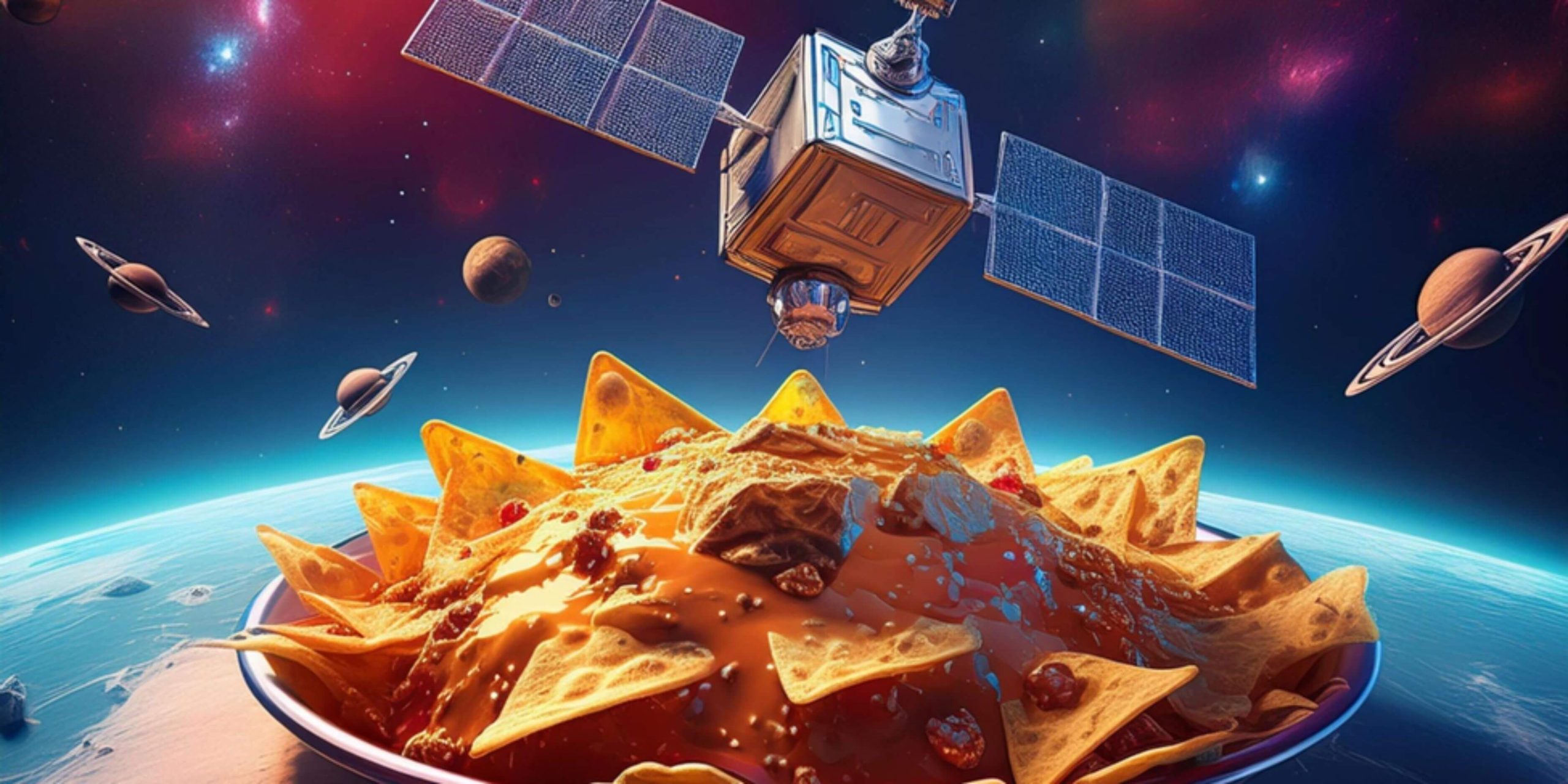 Satellite observing a floating plate of nachos