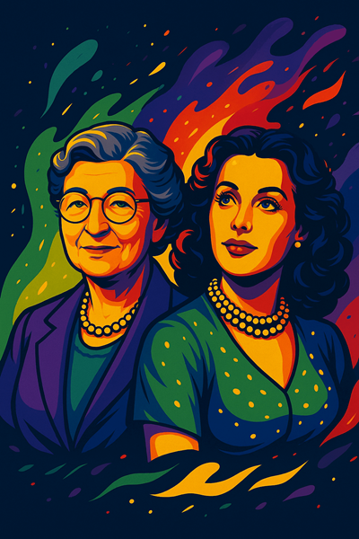 Illustrated portraits of Edith Clarke, pioneering electrical engineer, and Hedy Lamarr, inventor of technology behind WiFi and GPS, for Women’s Equality Day