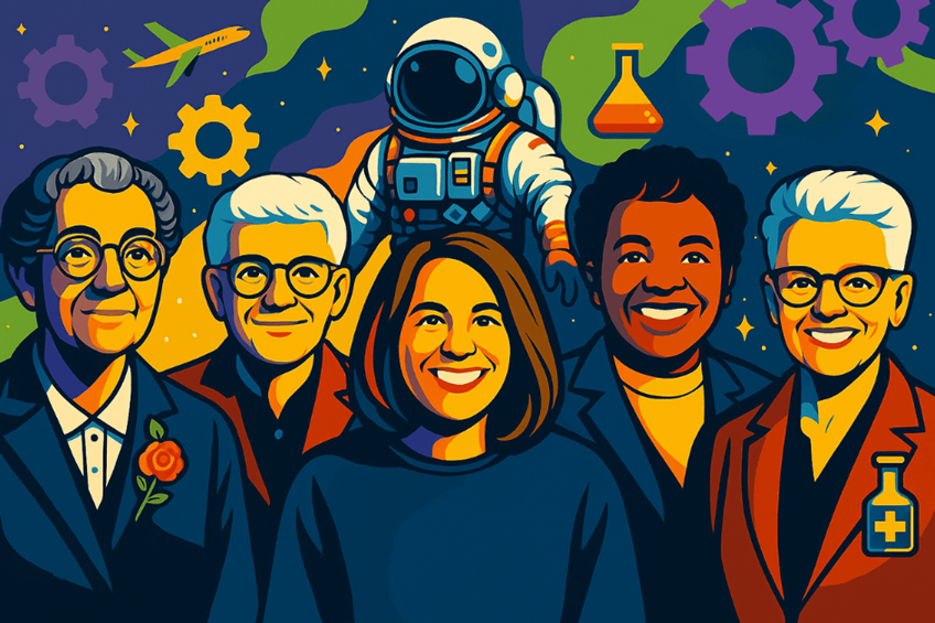 Illustrated diverse group of engineers and scientists with space, aviation, and engineering symbols representing female pioneers who shaped modern technology