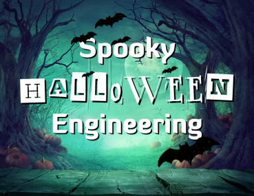 Spooky Halloween Engineering text with bats, pumpkins, and eerie forest under a glowing full moon.