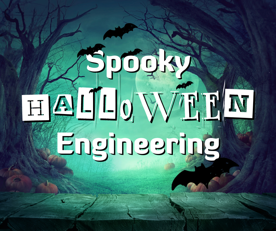 Spooky Halloween Engineering text with bats, pumpkins, and eerie forest under a glowing full moon.